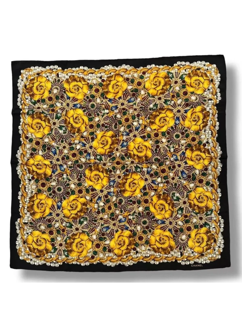 Chanel Scarf Silk Camellia Pattern Gold